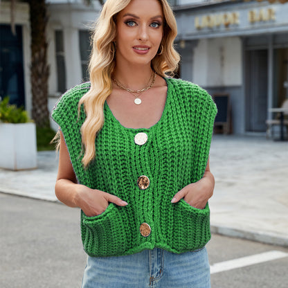 V-neck Three-button Sleeveless Cardigan