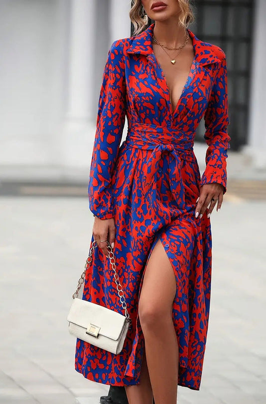 Button-Front Long Sleeve Dress Waist-Defined