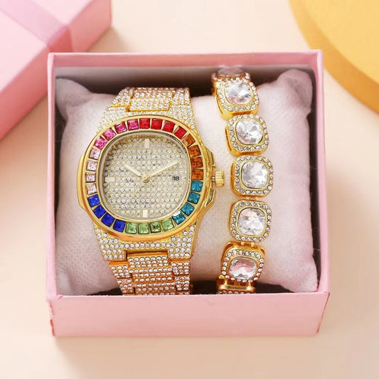 Square Quartz Watch Full Diamond Inlaid Color Stones with Steel Belt Box