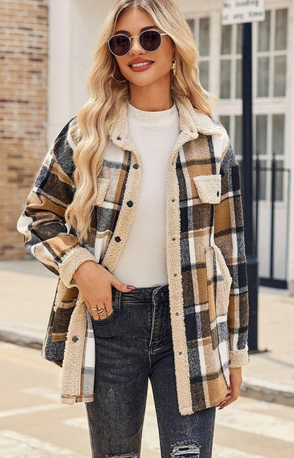 Plaid Velvet Jacket Polo Collar
