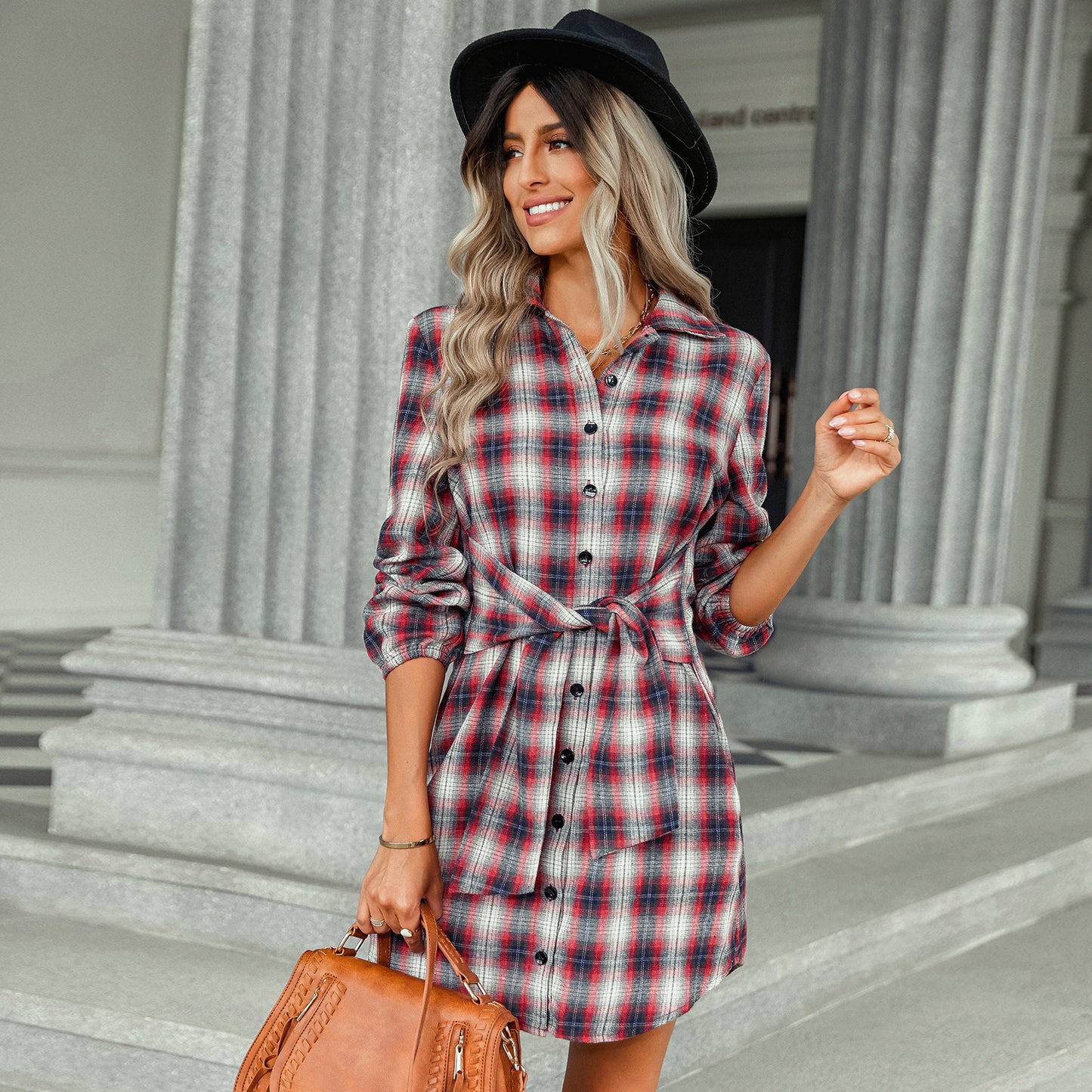 Tie-Up Waist Shirt Plaid Dress