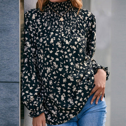 High Neck Ruffle Sleeve Blouse