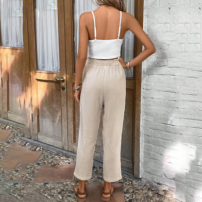 Summer 2-Piece Outfit Sleeveless Lace Vest Top And Casual Elastic Waist Pants