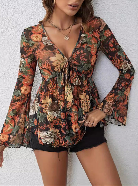 Mesh Printed Front Knotted Flare Sleeve Long-Sleeve Top