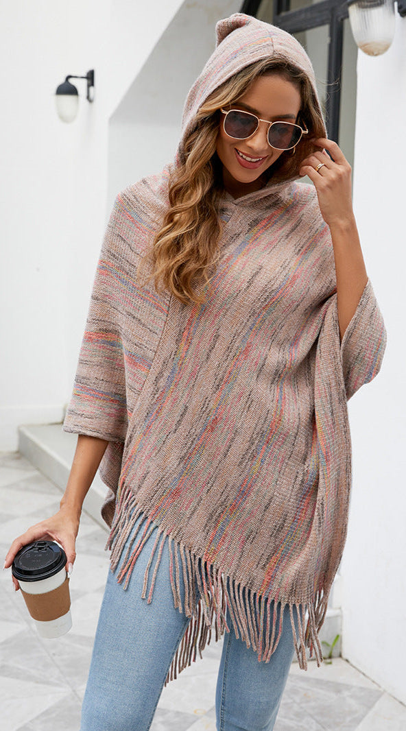 Hooded Striped Cape Tassel Shawl Poncho