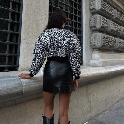 Color Effect Collar Short Zipper Jacket Coat Leopard