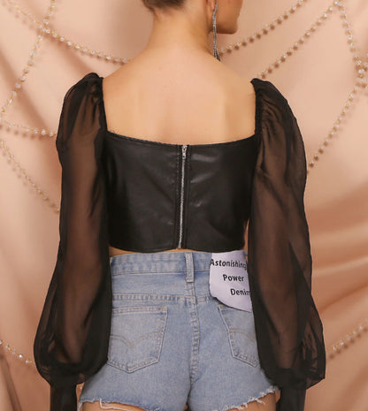 One-Shoulder Mesh Top  Puff Sleeve Stitching