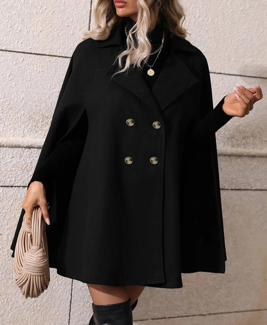 Solid Color Cloak Trench Coat Double Breasted Batwing Sleeve Long Coat with Slit