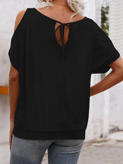 Round Neck Off-Shoulder Lace-Up Top