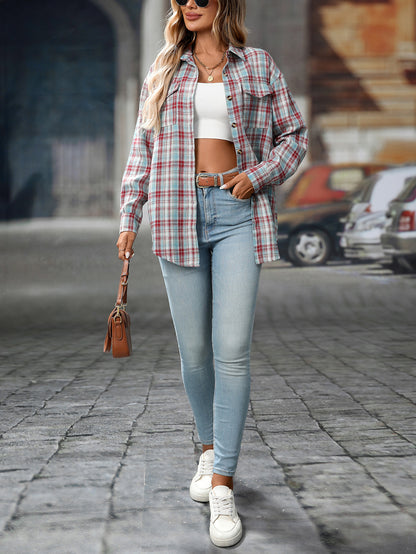 Loose Plaid Shirt Pocket Button