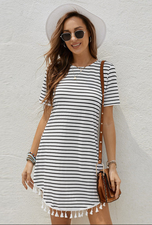 Striped Stitching Short-Sleeve Dress Fringe Hem