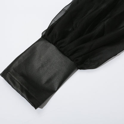 One-Shoulder Mesh Top  Puff Sleeve Stitching