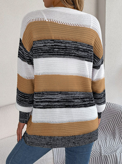 Casual Hollow Knit Contrast Color Striped Lantern Sleeve Sweater