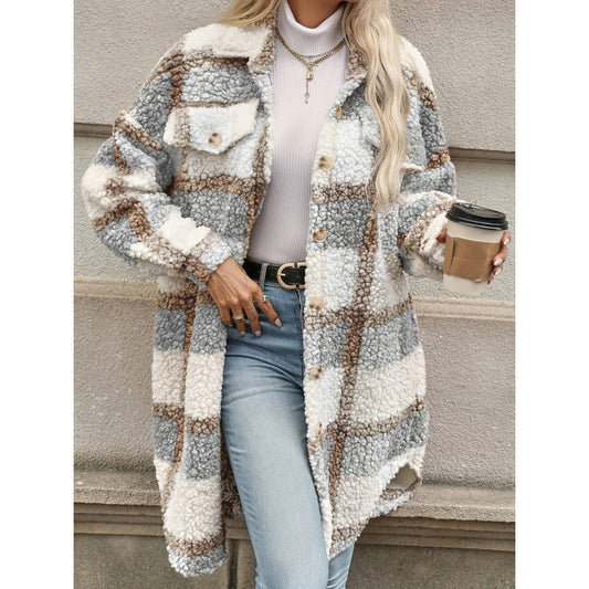 Lapel Colorblock Plaid Padded New Design Coat