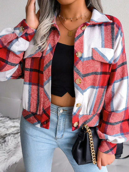 Lantern Long Sleeve Plaid Wool Jacket Coat
