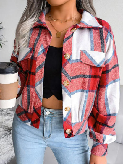 Lantern Long Sleeve Plaid Wool Jacket Coat