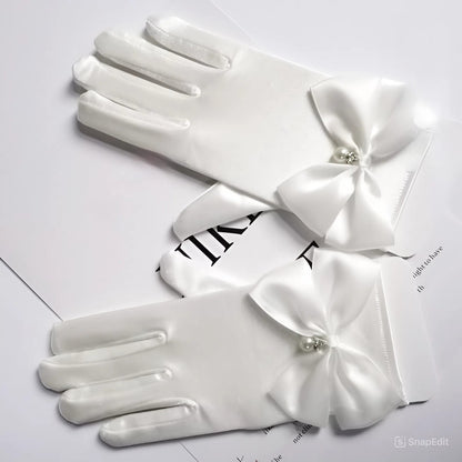 Satin Bow Princess Gloves with Dangling Beads