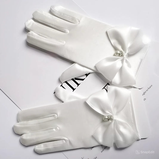 Satin Bow Princess Gloves with Dangling Beads