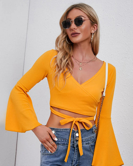 Tie Front Flare Sleeve Cropped Top
